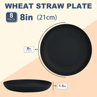 Wrova Wheat Straw Plates - 8 Inch Unbreakable Dinner Plates Set of 8 - Dishwasher & Microwave Safe Plastic Plates Reusable - Lightweight Plates for kitchen,R.V (pure black)
