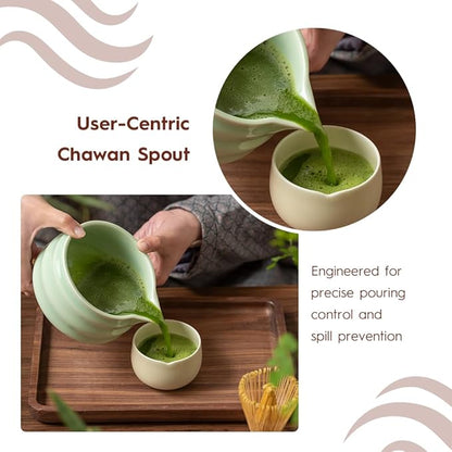 Matcha Whisk Set - Ceramic Bowl, Bamboo Whisk with Holder, Sifter, Schima Spoon, Spoon Rest and Tea Towel - 7 Pcs Complete Kit for Traditional Matcha and Modern Lattes (Green)