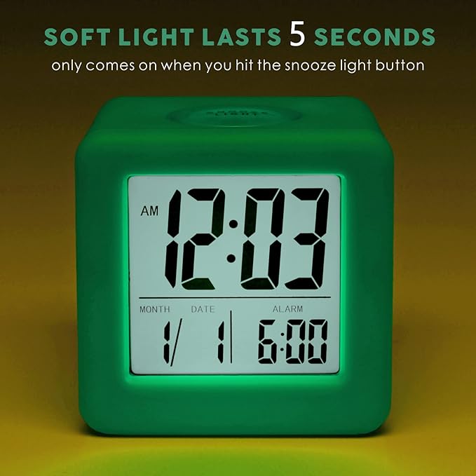Plumeet Digital Alarm Clock Kids Clock with Snooze and White Nightlight - Easy Setting Travel Alarm Clocks Display Time, Date, Alarm - Ascending Sound - Battery Powered (Cyan)
