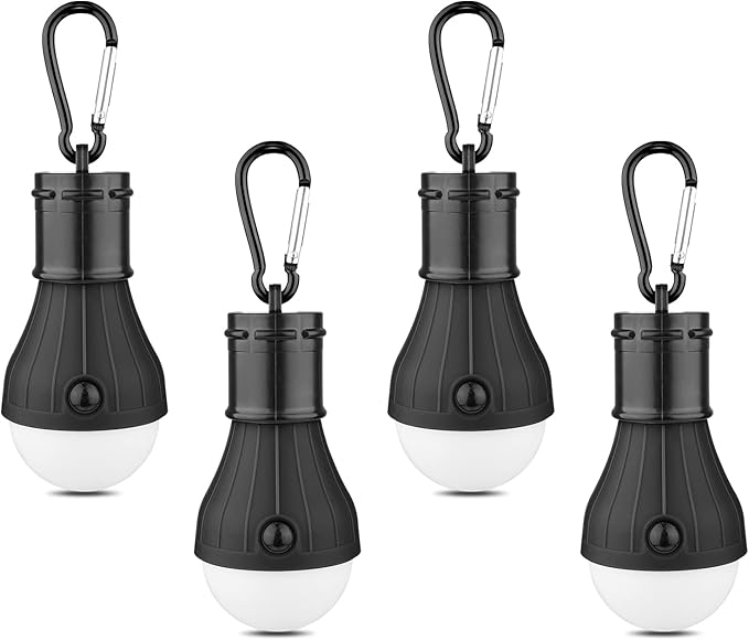 LED Camping Tent Lantern, Portable Outdoor Waterproof Emergency Light Bulb, Battery Powered with Clip Hook, Super Bright, for Hiking, Party，Camping, Fishing, Power Failure (4 Packs, Black )