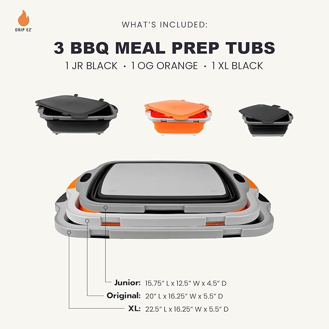 Drip EZ Collapsible BBQ Prep Tubs 3-Piece Set- For Meal Prep Marinating Food Storage - Includes Cutting Board & Lid - (1) JR - Black + (1) OG - Orange + (1) XL - Black