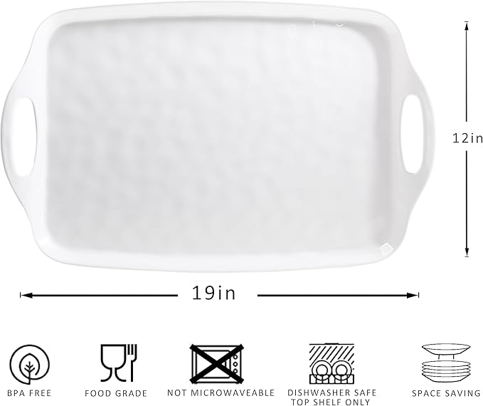 Large Serving Tray with Handles,19”x12” Large Rectangular Melamine Serving Platters Set of 2, Kitchen Food and BBQ ServingTray,Dishwasher Safe, Bright White