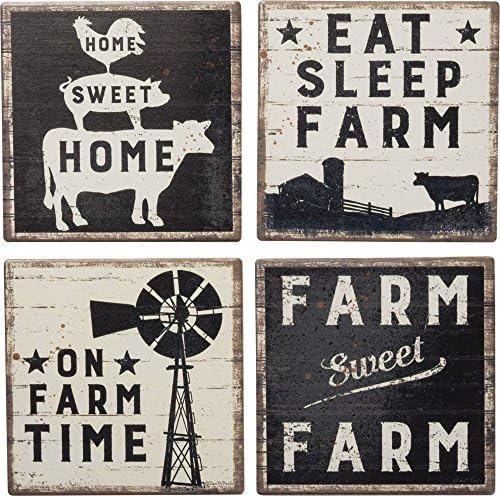 Primitives by Kathy Set of 4 Absorbent Stone Coasters, Rustic Farmhouse Coaster Designs, Farm Sweet Farm, Includes Wire Holder, Slatted Wood Style with Distressed Details, 4 by 4 Inches Each
