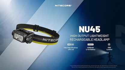 Nitecore NU45 1700 Lumen Headlamp, USB-C Rechargeable Fast Charging, Long Runtime for Camping, Running, or Work, with Auxilary White Reading Light and Red Light
