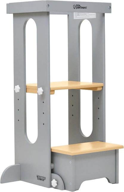 Little Partners Foldable Toddler Tower, Learning Tower Explore 'N Store Montessori Standing Kitchen Tower with Folding Step Stool Platform for Cooking and Learning, Ages 2+ (Silver Drop W/Natural)