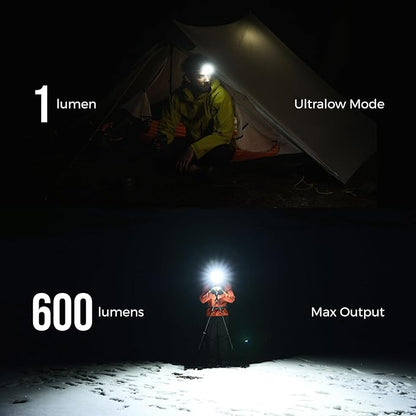 FLEXTAILGEAR 1-600 Lumen Ultra Bright Lightweight Headlamp, USB-C Rechargeable Outdoor Headlamp with White Red Light, Adjustable Headband for Camping, Back Packing, Hiking, Fishing