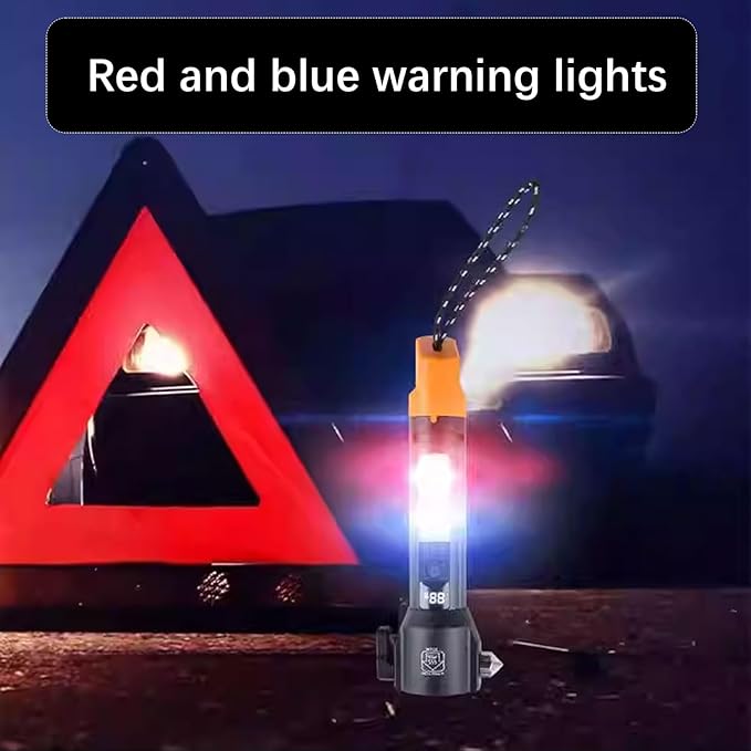 Tactical Flashlight Rechargeable, Zoomable LED Flashlight with COB Side Light, Red/Blue Strobe, Type-C Fast Charging, Glass Breaker and Seatbelt Cutter for Car Emergency