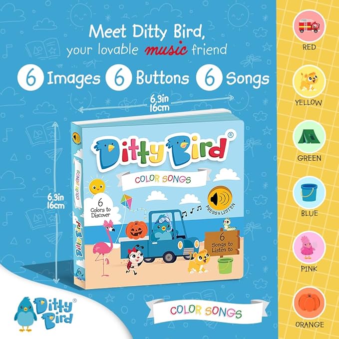 Ditty Bird Musical Books Colors Edition | Montessori Toys & Learning Resources | Sensory Toys for Kids | Nursery Rhyme Book, Interactive Toddler Toys for 1 Year Old to 3 Year Olds | Sturdy Baby Book