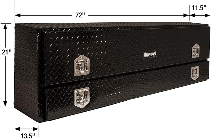Buyers Products 1725640 Black Diamond Tread Aluminum Contractor Truck Tool Box, 2 Tier Storage, 72 x 21 x 13.2 in, Flip-Up Door with Gas Shocks, Weather Resistant, No Drill Install, Made in USA
