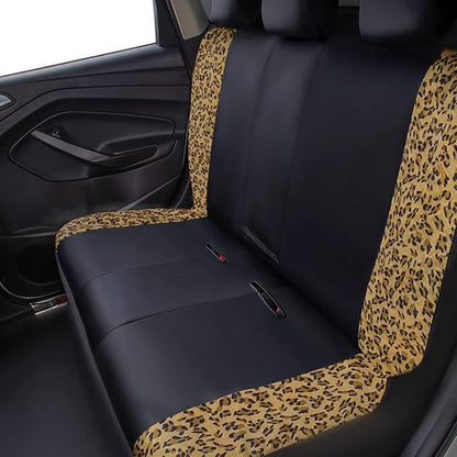 Flying Banner car seat Covers Protects Leopard Printing Velvet Faux Leather Carbon Fiber Front and Rear Bench (Leopard Brown Black, Full Set - 8PCS)