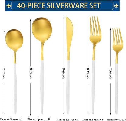 White And Gold Silverware Set for 8, 40-Pieces Matte Gold And White Handle Flatware Set, Stainless Steel Cutlery Tableware set, Kitchen utensils set Include Spoons And Forks Set, Dishwasher Safe