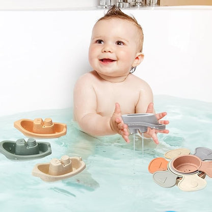 Baby Bath Toys, 11PCS | Mold Free Bath Toys for Toddlers with Bath Boats | Educational Bath Spoons with Numbers| Easy-Grip, Floating and Drain Water | Count Skill & Color Recognition | Baby Pool Toys