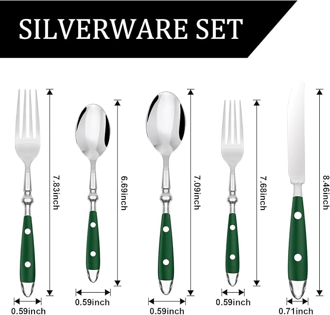 Silverware Set For 8 with Two Rivets, Vintage 40-Piece Everyday Flatware Set with Green Bakelite Handle, Stainless Steel Cutlery Set, Dishwasher Safe, Knives Spoons and Forks Set
