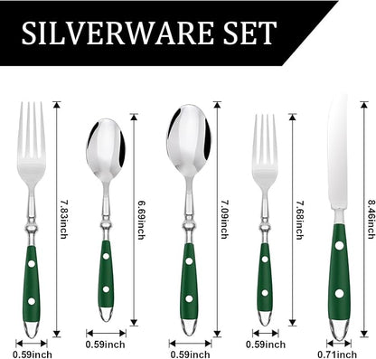 Silverware Set For 8 with Two Rivets, Vintage 40-Piece Everyday Flatware Set with Green Bakelite Handle, Stainless Steel Cutlery Set, Dishwasher Safe, Knives Spoons and Forks Set