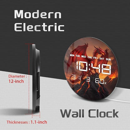 Timethink 12'' Red Fire Dragon Digital Wall Clock LED Display, Fantasy Medieval