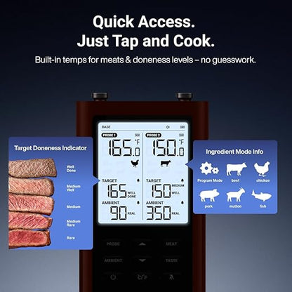 ThermoMaven 3000FT Smart Wireless Meat Thermometer, Sub-1G Long Range, 6 Sensors NIST Certified Accuracy, 2 Thin Probes, Standalone Base with Large LCD for Grill, Smoker, Oven, BBQ