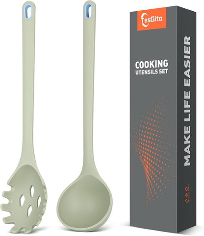 Silicone Spaghetti Spoon&Soup Ladle Cooking Utensils Set of 2, No Scratch