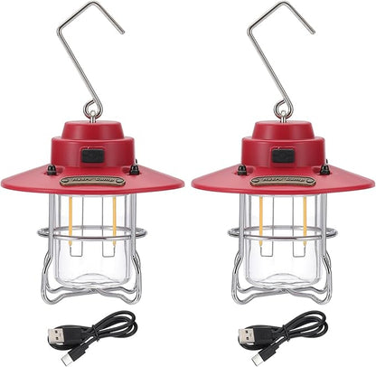 PATIKIL LED Camping Lantern, 2 Pack Vintage Rechargeable Lantern 3 Light Modes Portable Hanging Outdoor Tent Light for Camping, Hiking, Fishing, Red 3.66 Inch