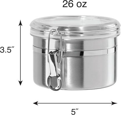 OGGI Stainless Steel Kitchen Canister 26 fl oz - Airtight Clamp Lid, Clear See-Thru Top - Ideal for Kitchen Storage, Food Storage, Pantry Storage. Size 5" x 3.5".