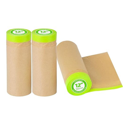 Tangibay Pre-Taped Masking Paper for Painting - 12 inch x 50 feet Tape and Drape Painters Paper, Paint Adhesive Protective Paper Roll for Covering Skirting, Frames, Cars and Auto Body (3 Rolls)