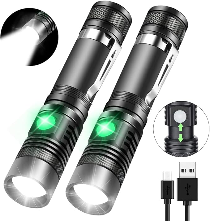 iToncs Rechargeable Flashlight, Pocket-Sized Torch with Super Bright High Lumens LED, Water Resistant, Zoomable, LED Tactical Flashlights with Clip, 4 Modes for Camping Hiking and Emergency(2 Pack)