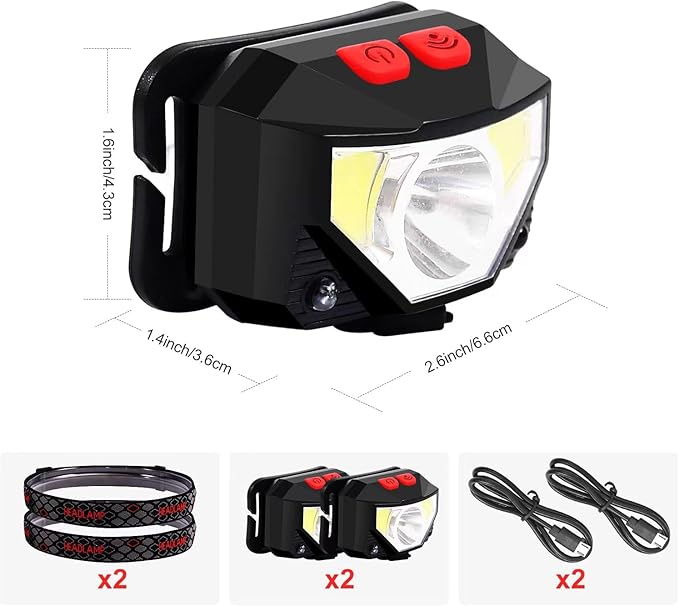 Headlamp Rechargeable 2 Pack, Bright LED Head Lamp Outdoor 1100 Lumen Headlight with White Red Light, Motion Sensor Waterproof 8 Modes Headlamps Flashlights for Running Cycling Fishing