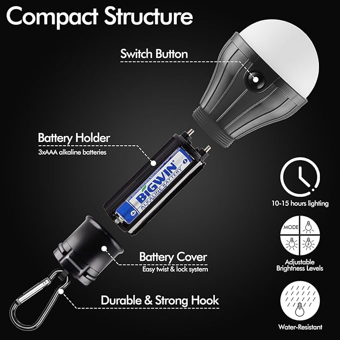 Portable LED Tent Lamp Emergency Lights with Hook, Hurricane Bulb Lantern Equipment for Camping, Hiking, Backpacking, Fishing Outage, Multicolor, 4 Pack