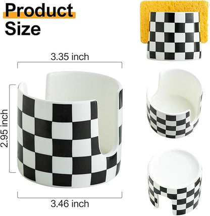 Zoeeker Checkered Kitchen Sink Sponge Holder, Dish Sponge Rack Ceramic Brush