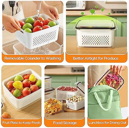 6 PCS Fruit Storage Containers for Fridge with Removable Colanders, 6 Plastic Food Storage Containers with 6 Lids, Leakproof Produce Containers Keep Fruits, Vegetables, Berry, Meat Fresh Longer