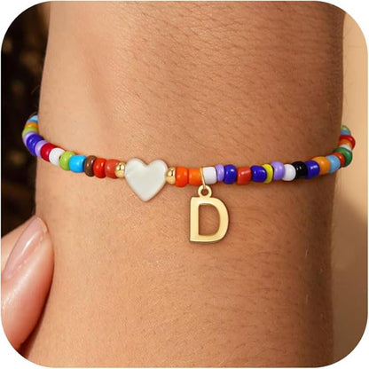 Colorful Initial Bracelets for Women Girls - Cute Beaded Heart Initial Bracelet Teen Girl Gifts Trendy Stuff, Bohemian Gold Charm Bracelet Personalized Gifts for Women Girls Jewelry
