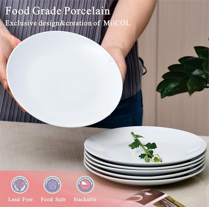 Miicol Ceramic Appetizer Plates Set of 6, White Dessert Plates 8 Inch, Small Dinner Plates, Modern Round Salad Plates, Porcelain Serving Dishes for Snack, Bread, Fruit, Microwave & Dishwasher Safe