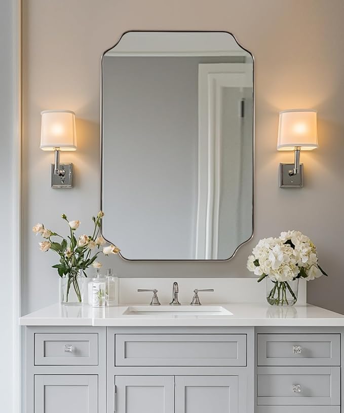 ANDY STAR Scalloped Bathroom Mirror, 24x36 Inch Brushed Nickel Rectangle Mirror