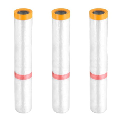 HARFINGTON 3 Rolls Pre-Taped Masking Film 177.2" x32.8ft Double Adhesive Tape and Drape Painters Plastic Drop Cloth Film with Tape Plastic Sheeting for Automotive Painting Covering
