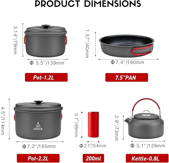 Alocs Camping Cookware Set Camping Gear, Compact Camping Pots and Pans Set, Durable Hard Alumina Camping Cooking Set for Outdoor Backpacking Camping Hiking Picnic, Included Mesh Carry Bag.
