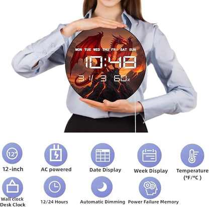 Timethink 12'' Red Fire Dragon Digital Wall Clock LED Display, Fantasy Medieval
