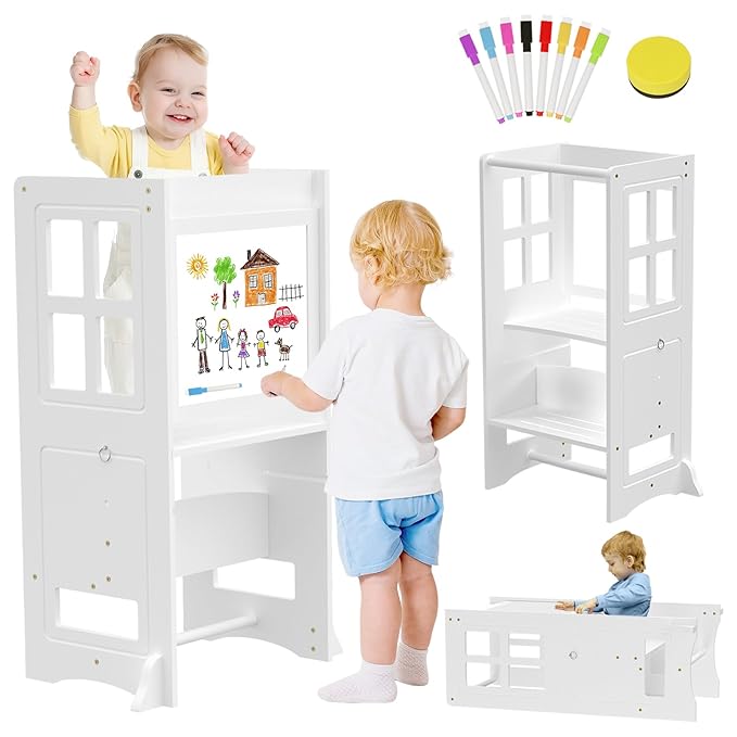 4 in 1 Toddler Kitchen Stool Helper Tower, Adjustable-Height Toddler Step Stool with Double-Sided Whiteboard, Anti-Slip Protection, Kids Learning Standing Tower for Kitchen Counter Bathroom Sink