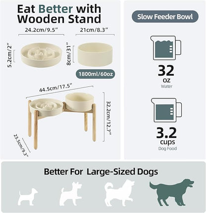 3.2 Cup Ceramic Raised Slow Feeder Dog Bowl Set, Elevated 8.2inch Bowl and