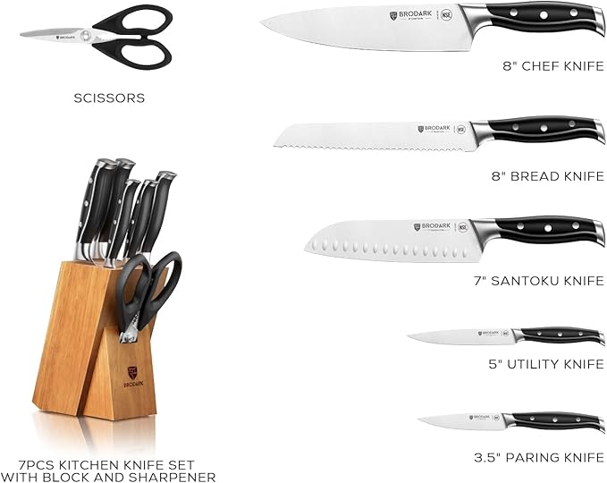 BRODARK Knife Set: 7 Piece Ultra Sharp Kitchen Knife Set Without Steak Knives