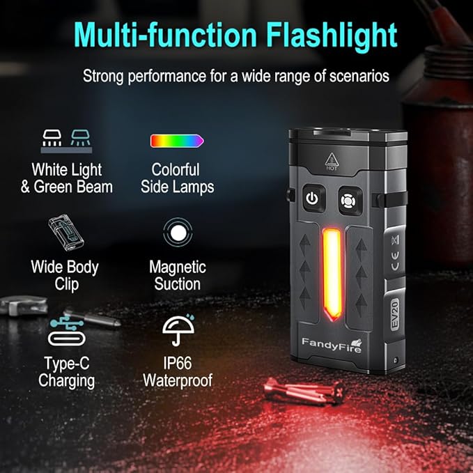 1100 Lumen Small EDC Keychain Flashlight with Green Beam - Rechargeable RGB LED Clip on Flashlight, Multi-Functional and Magnetic Tail Suitable for Outdoor Emergency Gear