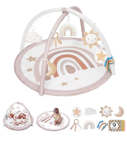 Baby Play Gym Mat, Tummy Time Activity Mat with 7 Detachable Toys and 12 Milestone Cards for Stage-Based Sensory and Motor Skill Development, Washable Play Mats for Infant, Newborn Baby Essentials