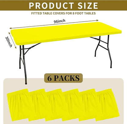 6 Pack Fitted Tablecloth for 8 Foot Rectangle Tables, Yellow Elastic Outdoor Picnic Table Cover, Washable Stretch Folding Table Cloths 8 ft for Camping Party Patio Kitchen Banquet, 30" W x 96" L