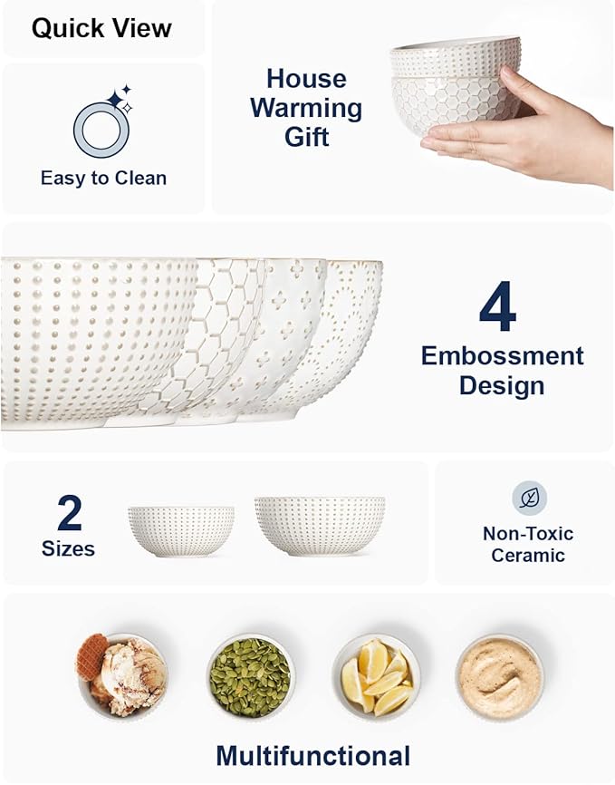 LE TAUCI Small Bowls 12 OZ, Ice Cream Bowl, Ceramic Embossment Stoneware Bowl, Bowls Set for Dessert, Fruits, Side Dishes, Suit For Housewarming - 4.5 Inch, Set of 4, Arctic white