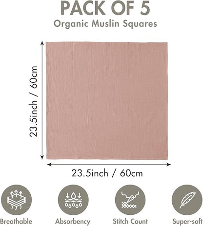 Muslin Receiving Blankets, Neutral Blanket Swaddling for Newborn Boys and Girls, 5 Pack Breathable and Skin-Friendly Swaddle Wrap for Infant Baby (Gentle Colors)