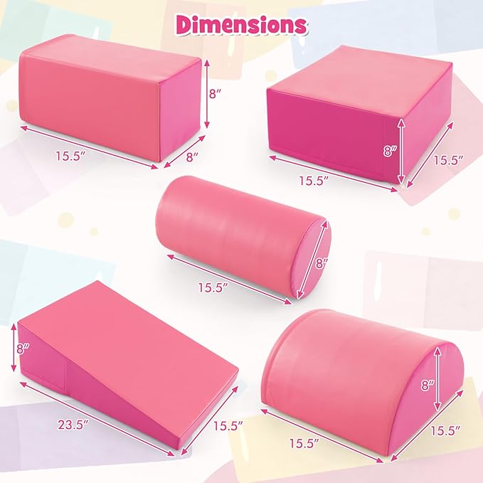 HONEY JOY 5-Piece Climb and Crawl Playset, Soft Climbing Foam Block Activity Play Structure Gym Equipment for Infant Baby, Color Coordination, Waterproof Indoor Climbing Toys for Toddlers (Pink)