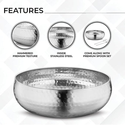 Avador® Set of 3 Premium Stainless Steel Salad Mixing Bowl Hammered Finish | Handmade | Includes Salad Serving Utensils (Stainless Steel)