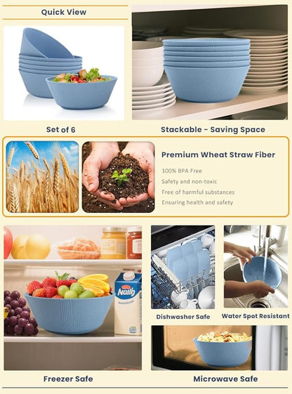 Homienly Alternatives Plastic Bowls - Cereal Bowls 36oz, Wheat Starw Bowl Set of 6, Microwave and Dishwasher Safe Bowls,Soup Bowl Sets for Kitchen,Serving Soup,Salad (Sky Blue)
