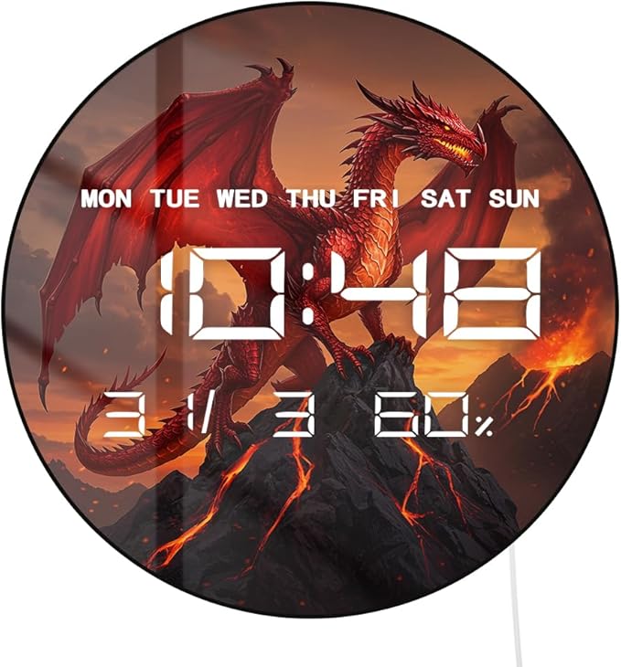 Timethink 12'' Red Fire Dragon Digital Wall Clock LED Display, Fantasy Medieval