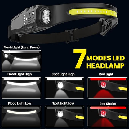Headlamp Rechargeable 6Pack, 230° Wide Beam LED Headlamp, 7Mode Headlamps for Adults, Head Lamp with Motion Sensor, Red Light Head Lamps LED Rechargeable, Head Lights for Forehead Running Camping
