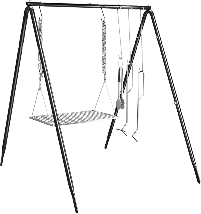 Grill Swing Campfire Cooking Stand, BBQ Grill for Cookware, Bruntmor Dutch Oven Adjustable Collapsible Legs with Hooks and Accessories