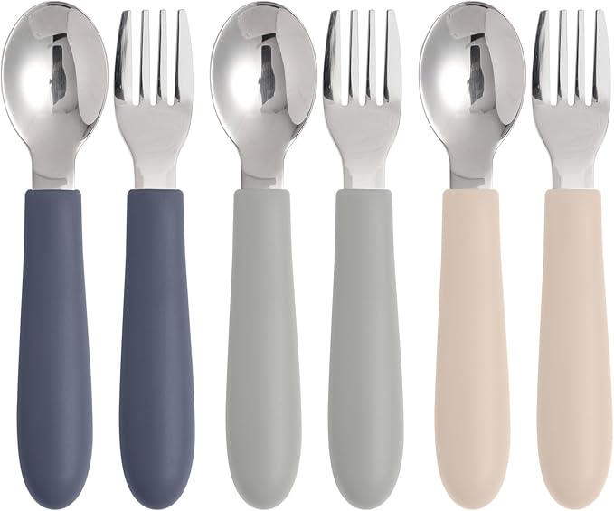 6 Pack Toddler Utensils, Kids Silverware Set with Silicone Handle, Children Safe Forks and Spoons, 18/8 Stainless Steel, Food Grade Silicone Feeding Supplies, Dishwasher Safe